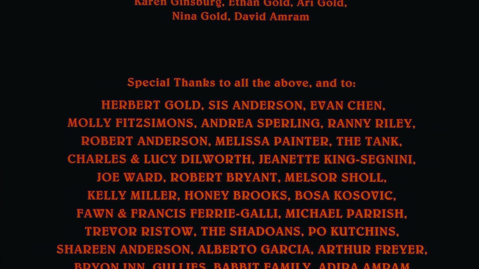 Scrolling text displays production staff roles, music credits, and special acknowledgments against a black background. This sequence provides the formal documentation of the project's creative and technical contributors.