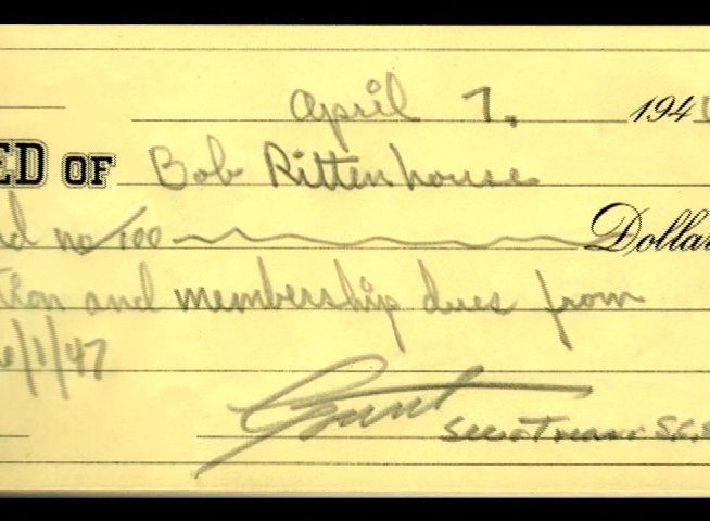 Handwritten receipts and ledger entries document historical membership dues and treasury accounts for a surfing club during the mid-1940s.