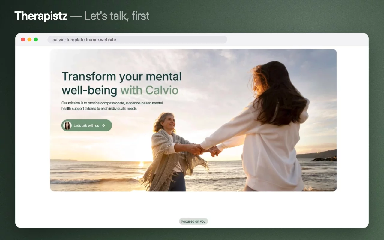 Booking a first therapy session is the hardest click on any health site, and most bury it under a services menu.Therapistz leads with a mission — compassionate, evidence-based support tailored to the individual — a 'let's talk with us' button, and a rating drawn from nearly three hundred reviews.Live preview → https://calvio-template.framer.website/Make it yours →#framer #framertemplate #framerexpert #webdesign #nocode #therapy #mentalhealth #psychology #wellbeing
