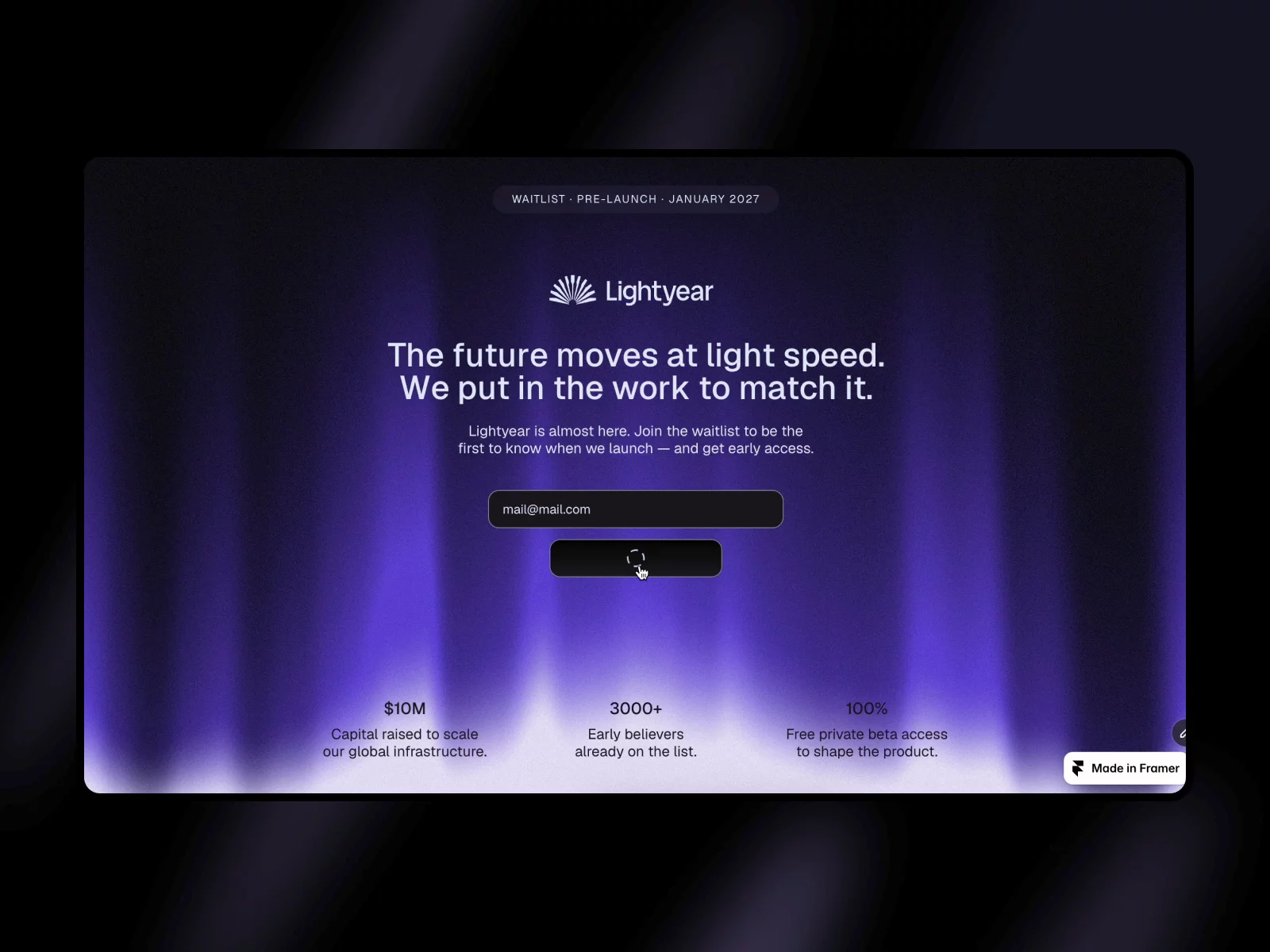 Lightyear is a free Waitlist template now 🚀Go play with interactive background, or remix it for free:Free Remix link 👉 https://framer.link/h9U4C14