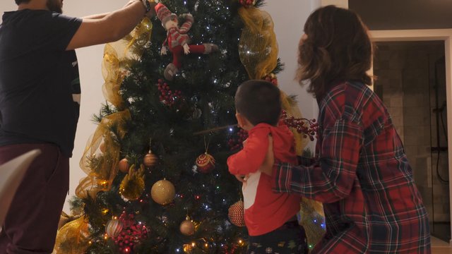 Mom lifts son so he can decorate tree