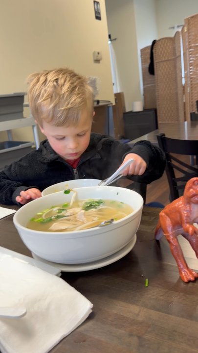 Lanxang Express - My 4 year old crushing the soup.  He loved it so did his parents. - Laotian Near Me - Lowell, Massachusetts