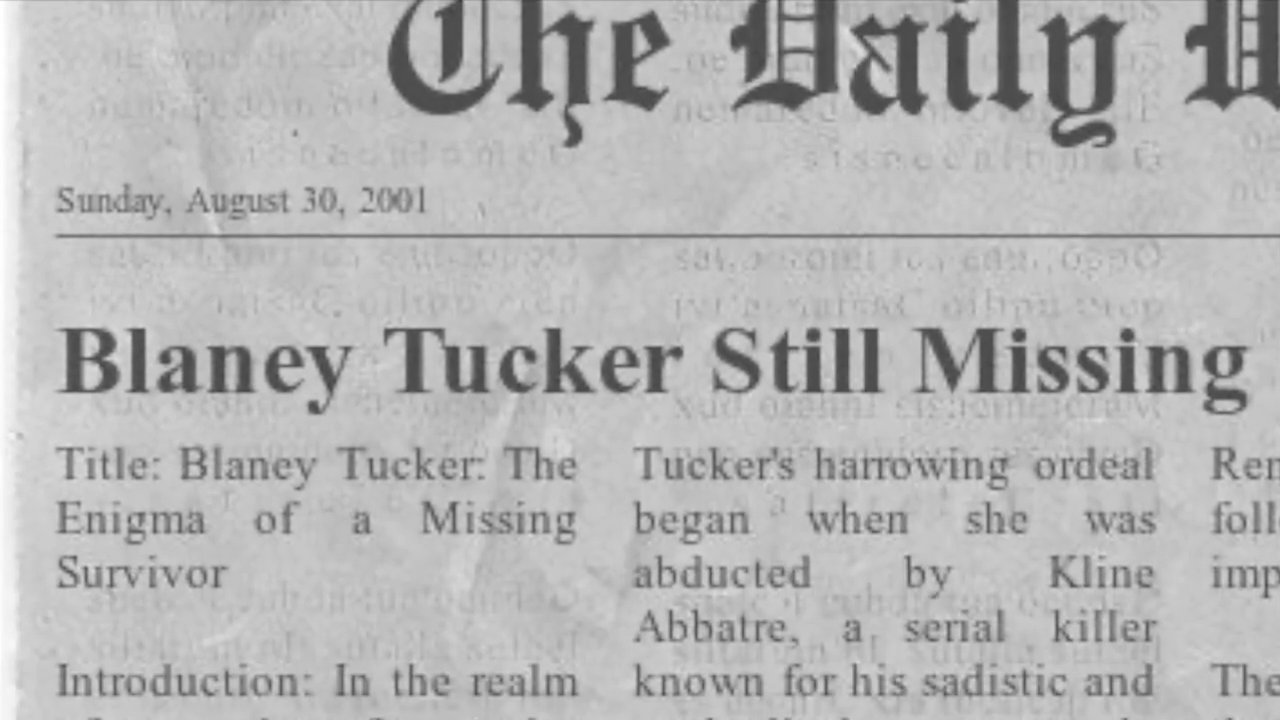A presenter details the investigation into the disappearance of Blaney Tucker, correlating archival newspaper reports with the booking photograph of the primary suspect, Kline Abbatre.