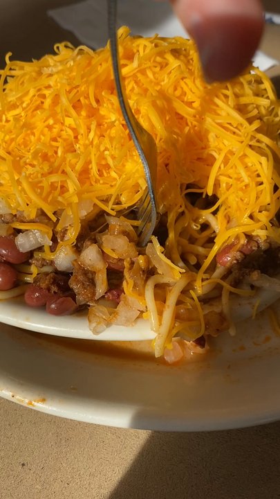 Skyline Chili - 5 Way Chili - haven't yet mastered getting everything wrapped onto the fork, but I will! - Fast Food Near Me - Cincinnati, Ohio