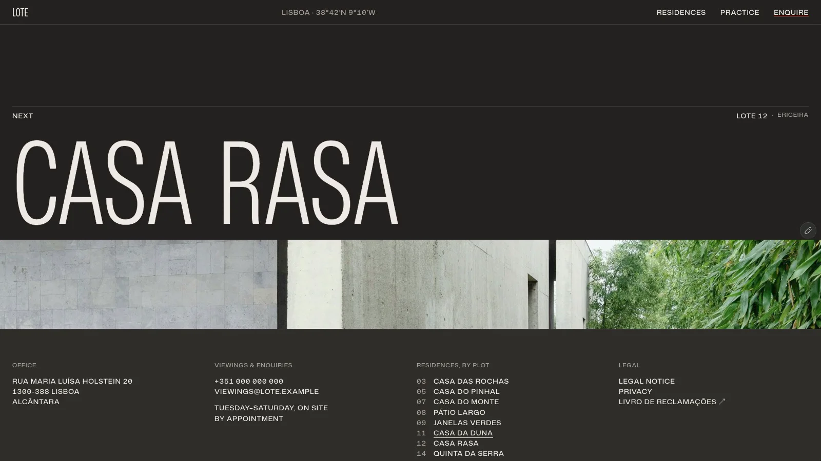 A small detail on Lote’s residence pages.After the viewing form, the next house gets a full-width introduction. Casa da Duna flows into Casa Rasa with oversized type and a glimpse of the next photograph.https://excellent-favorites-639729.framer.app/