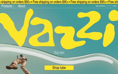 Vazzi homepage hero with bold yellow wordmark on a teal background and the tagline Stay wet.