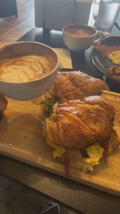 The Red Cafe - Mexican hot latte with a breakfast croissant with bacon. So delicious! - Hookah Bars Near Me - Glendora, California