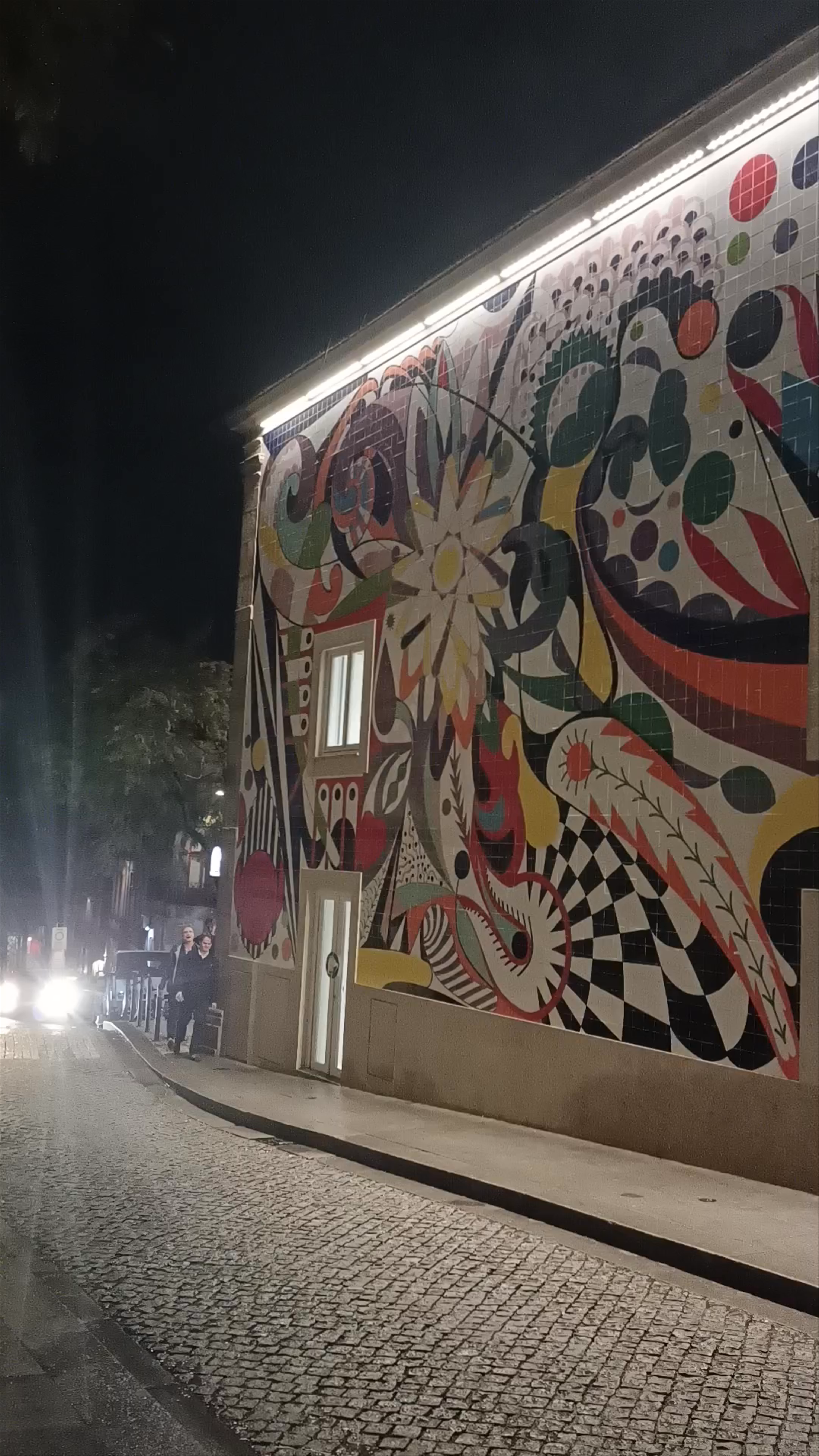 Azulejos Panel by Joana Vasconcelos – Nighttime Street Art in Porto, Portugal