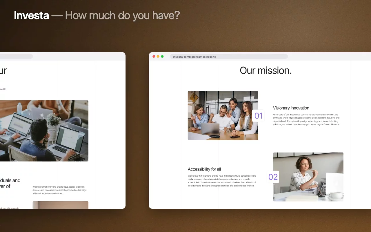 Investa puts a calculator on the page — how much money do you have to invest — instead of asking you to book a call to find out.Around it sits a mission about empowering individuals and communities, and an accessibility-for-all block. Empowering your financial future, made literal.Live preview → https://investa-template.framer.website/Make it yours →#framer #framertemplate #framerexpert #webdesign #nocode #investment #finance #wealthmanagement #fintech