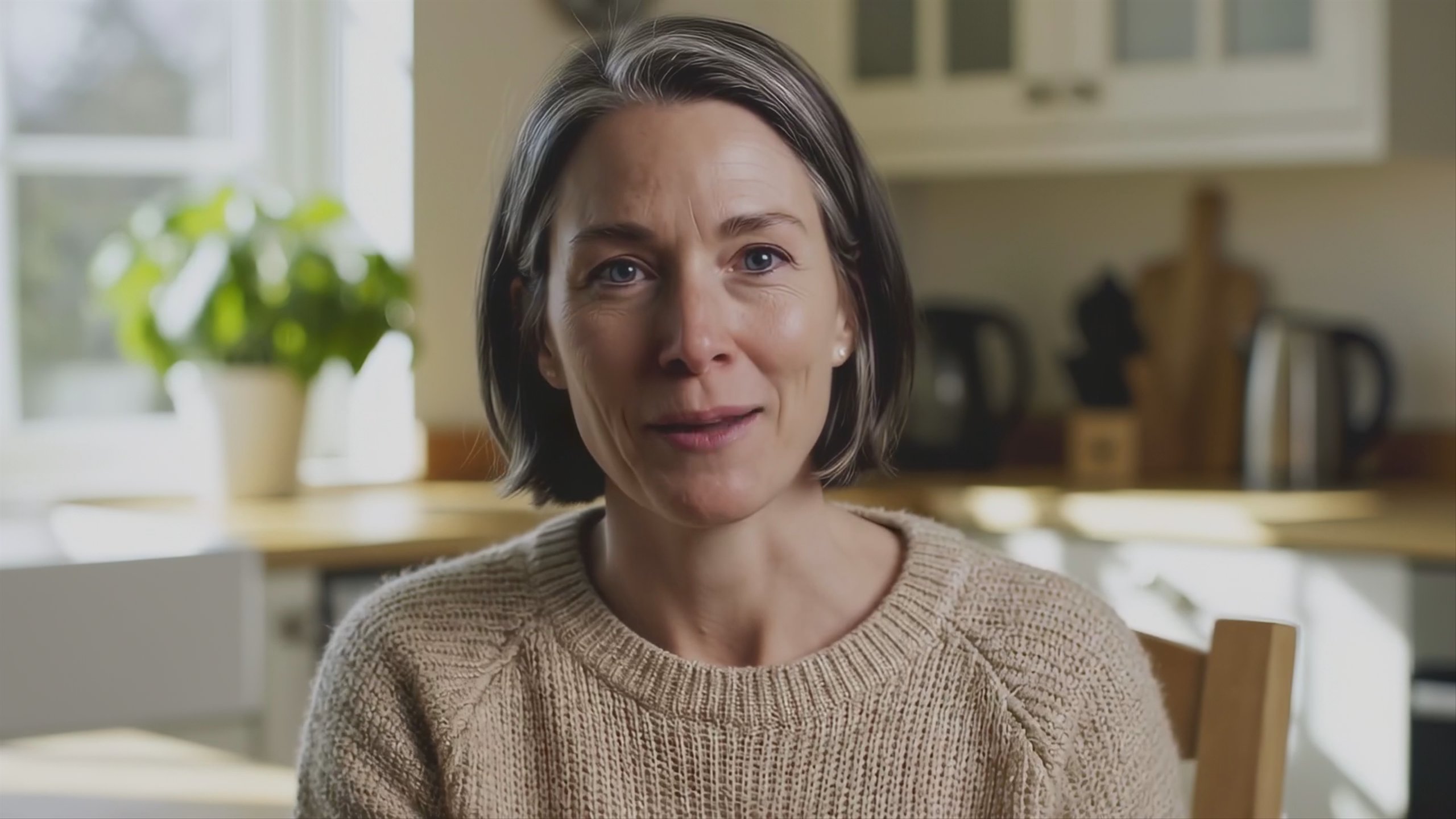 The same woman saying a sentence she never recorded — a woman in her forties at a kitchen table, speaking to camera