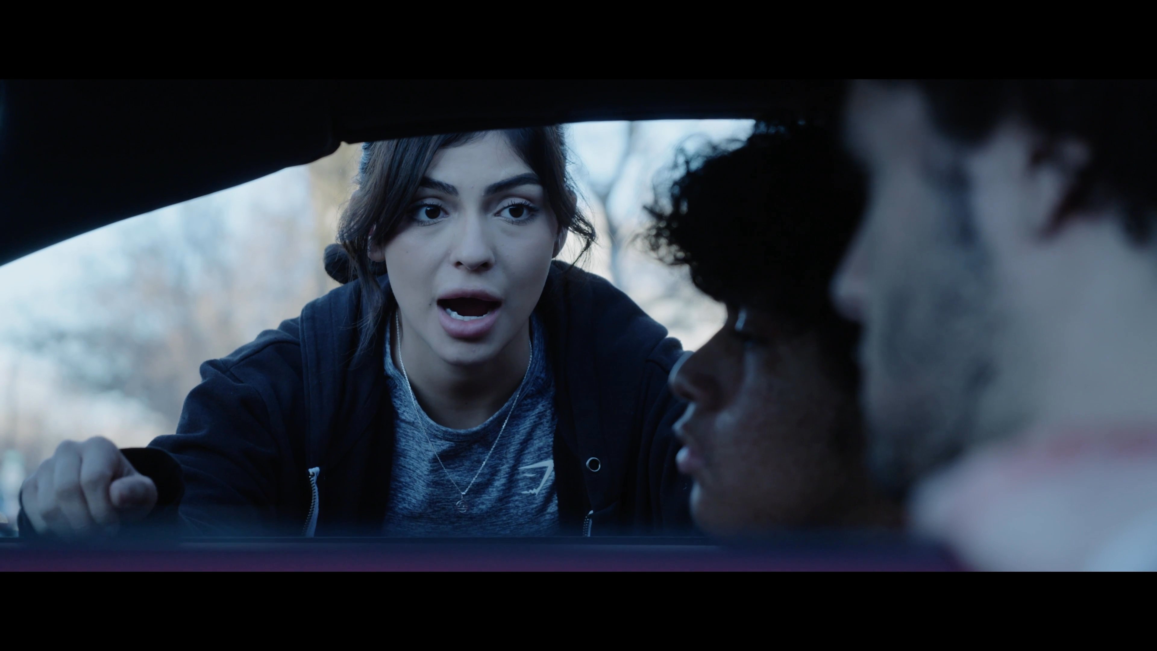 An injured young woman and a male passenger engage in an intense conversation with a woman standing outside their vehicle. The scene conveys heightened emotional tension and urgency through close-up framing and serious character expressions.