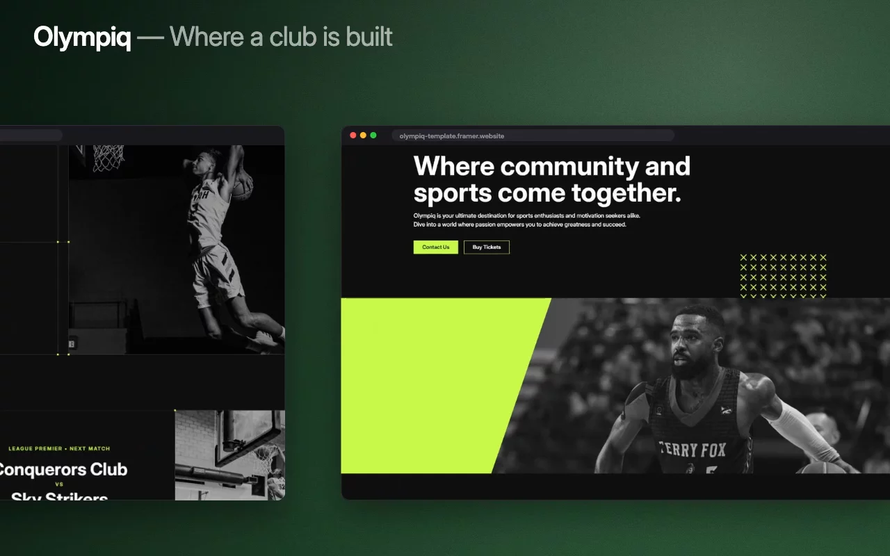Drive, resilience, excellence — and then Olympiq does the unglamorous part well.A live fixture countdown, a squad, a schedule and a contact form, so the community has somewhere to actually go.Live preview → https://olympiq-template.framer.website/Start building with Olympiq →#framer #framertemplate #framerexpert #webdesign #nocode #sportsclub #basketball #community #coaching