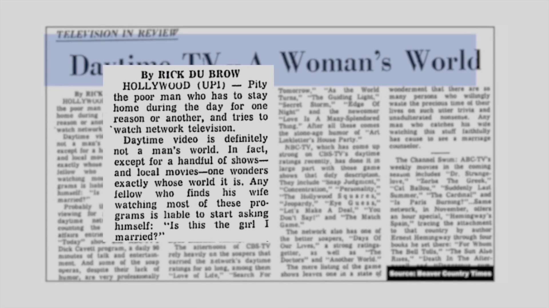 These archival newspaper clippings from the mid-20th century analyze and critique the landscape of daytime television programming and industry trends.