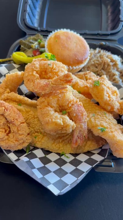 The Cultured Soul Kitchen - Jumbo Shrimp and catfish combo, greens, cornbread, rice and gravy - Southern Near Me - Long Beach, California