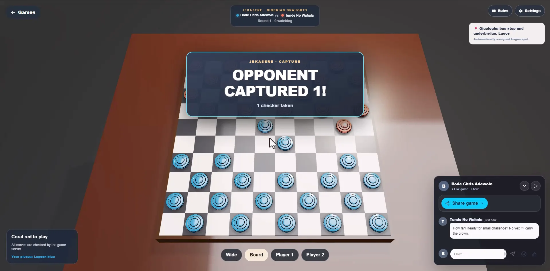 Been busy building this non-framer, multiplayer, multiwatch desktop-web-based  casual game platform. https://jekasere.bodilum.com/games/draughts/live ... Ludo and Draughts is live now... This has been a long time dream of mine to digitally recreate memorable moments where you play your favorite games with family, friends, colleagues, and your tribe, and they watch you play it, make commentaries, roasts, and love.You can play, watch, any available games anytime and from anywhere.I create over 70 custom emoticons to socially engage in a custom way.We're still very early but it's a significant milestone for me.Looking forward to see how this turns our in the next 6months. I'll be adding more games weekly.