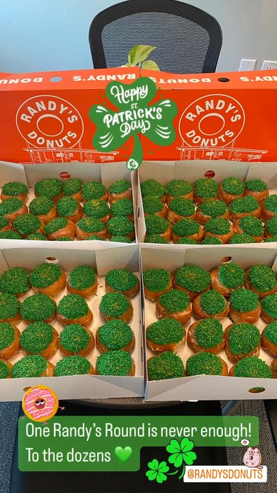 Randy's Donuts - 3/17/23 (fri): Pre-ordered & prepaid 8 dozens St Paddy's Day Randy's Rounds for my company! - Donuts Near Me - Santa Ana, California