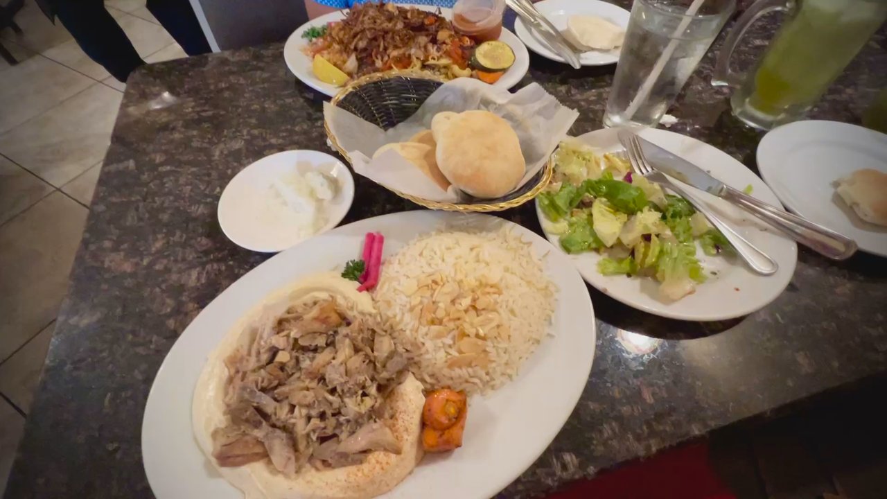 La Marsa Bloomfield Hills - Hommous with Chicken Schwarma and my husband's Koshary. All fantastic food and plentiful portions! - Middle Eastern Near Me - Bloomfield Hills, Michigan
