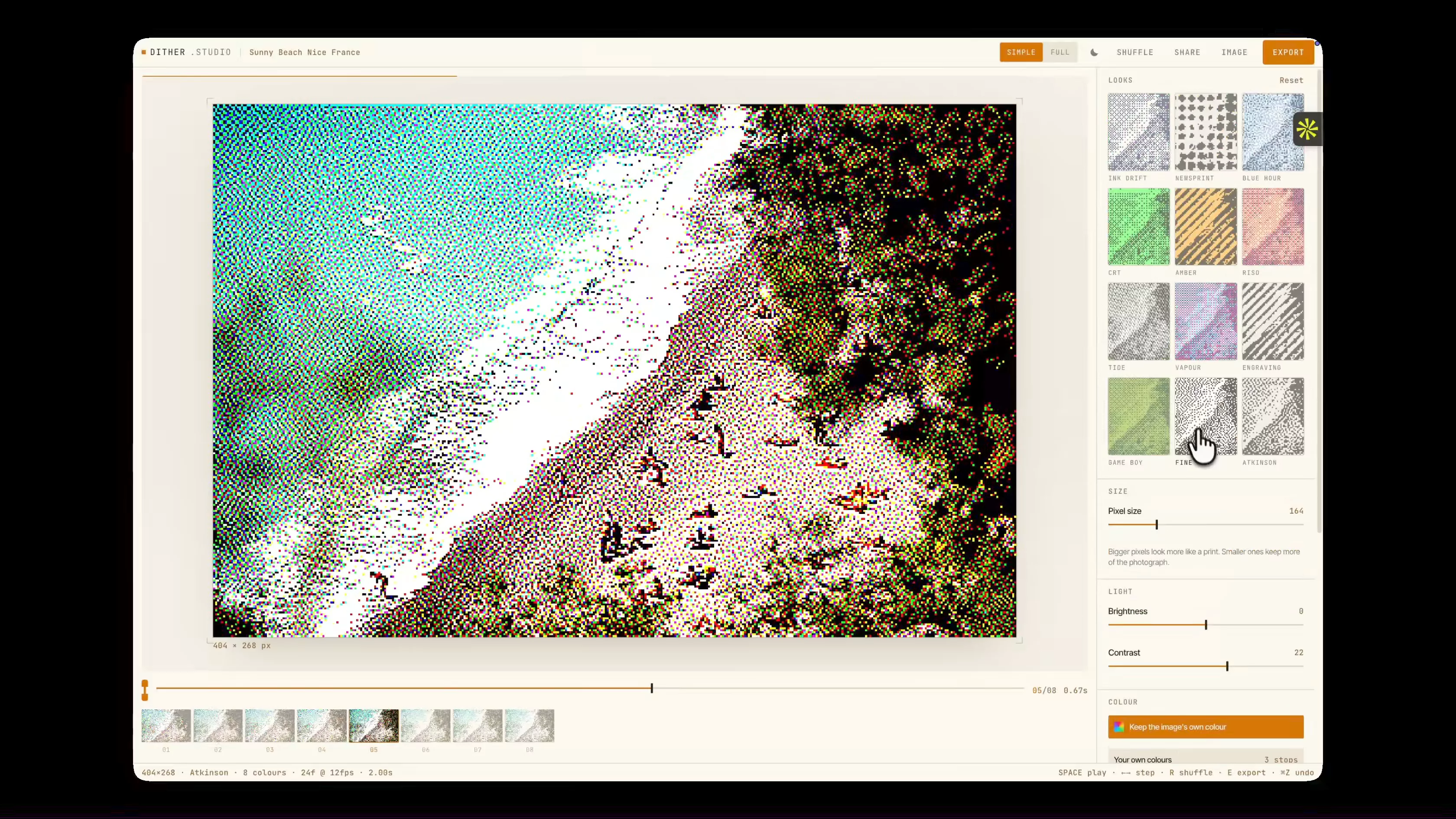 🔗 dither-studio-ayo.vercel.appI was deep in an exploration last week and kept hitting the same wall: I wanted dithered visuals that moved. Not a dithered still. Not a video with a filter slapped on. The dither itself animating — the grid drifting, the tone breathing under it.Nothing did that. So I built it.dither.studio — drop in an image, a GIF or a video clip. It reduces it to a grid, dithers it, and animates the dither. Then you export a loop: GIF, MP4, sprite sheet, or plain text.What's in it:→ Ten dither kernels — Bayer, rotated halftone, line screen, blue noise, Floyd–Steinberg, Atkinson → Or paint your own threshold matrix, cell by cell, and watch the image change as you do → Seven motions that layer — drift, wave, ripple, swirl, breathe, scan, shimmer → Keep the photo's own colour, build your own palette, or pull one straight out of the image → ASCII mode, if that's your thing → Every loop is seamless by construction, not by cross-fade