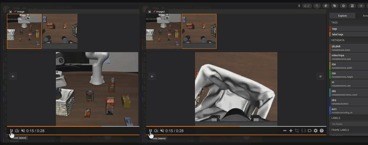 Synchronized playback of a LIBERO episode's agent and wrist camera views in the FiftyOne App