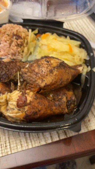 Ena's Caribbean Kitchen - Jerk chicken. Sides of red beans n rice (extra jerk sauce on side), cabbage, mac n cheese - Caribbean Near Me - Columbus, Ohio