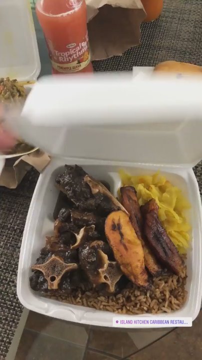 Island Kitchen - Small oxtail meal with rice & peas, cabbage and plantains. Top left: chicken curry (meat only) top right: Jamaican meat pies - Caribbean Near Me - Pensacola, Florida