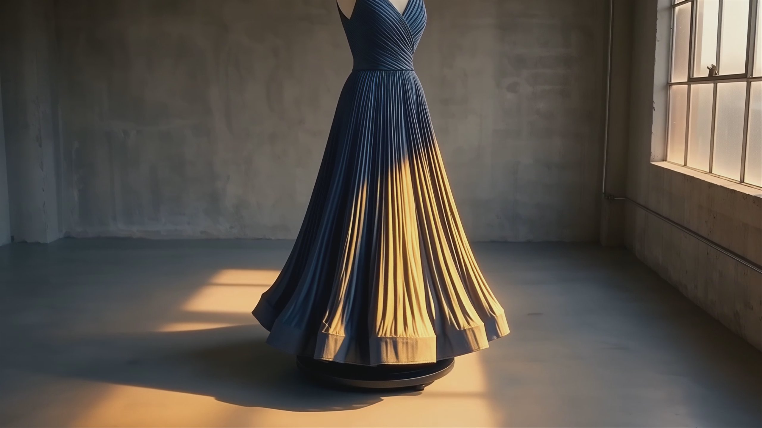 A pleated taffeta gown rotates slowly on a turntable in a raw concrete studio.