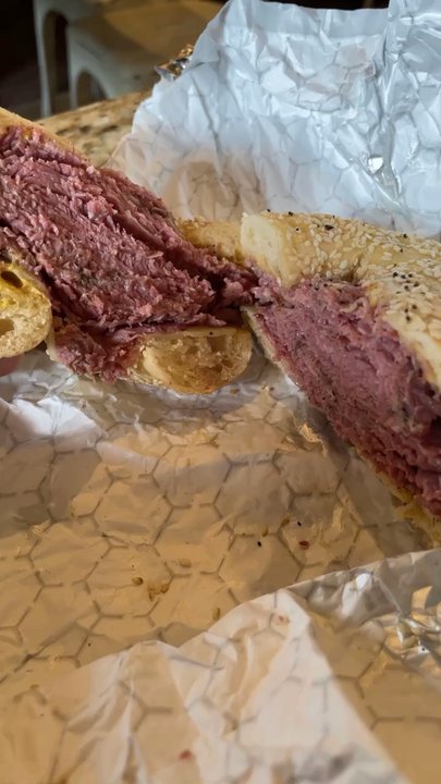 Bagel Boyz - Nice and hot Pastrami on a sesame bagel - Bagels Near Me - Jupiter, Florida