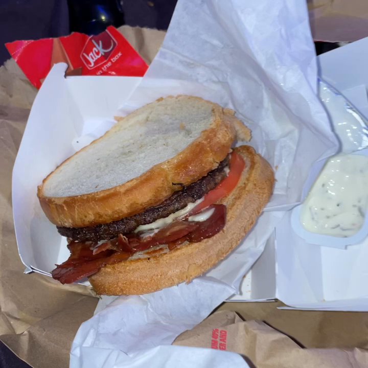 Jack in the Box - "Bacon" in salad Looks nasty. Burger is only half toasted. Asked for no Mayo n got Mayo - Tacos Near Me - San Benito, Texas