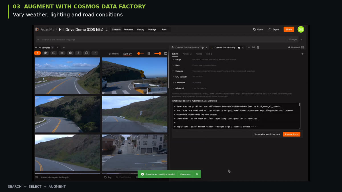 Porsche searching and augmenting autonomous vehicle data footage in Voxel51, with search powered by Cosmos Data Factory.