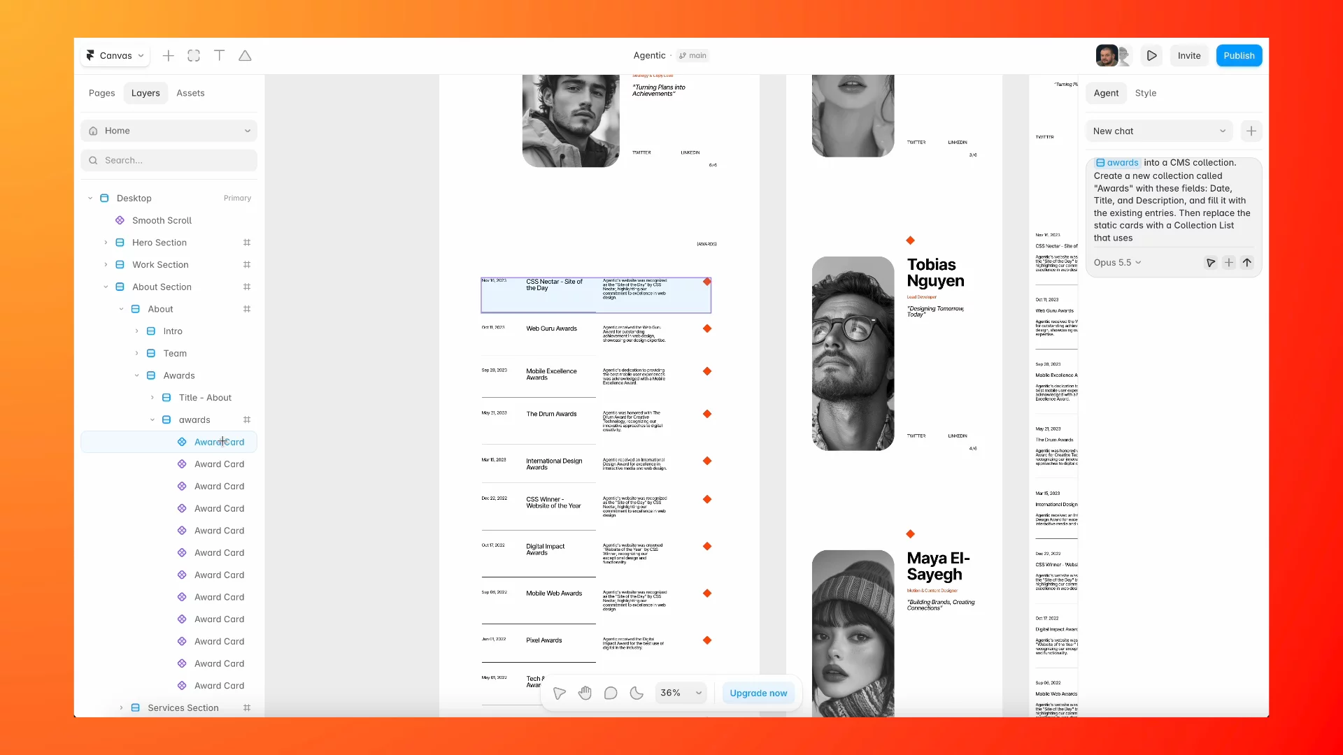 Updates for Agentic template: the Awards section is now fully CMS-powered, and Framer's Agent handled the whole conversion from a single promptAdd or edit awards from the CMS without touching the layout.Remix for free