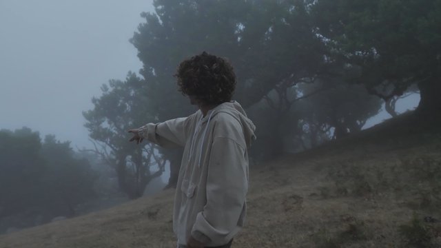 Man in a dark, foggy forest 