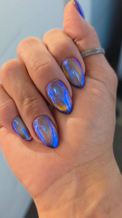 Royal nails & spa Upland - A brown cat eye with a purple chrome on top. - Nail Salons Near Me - Upland, California
