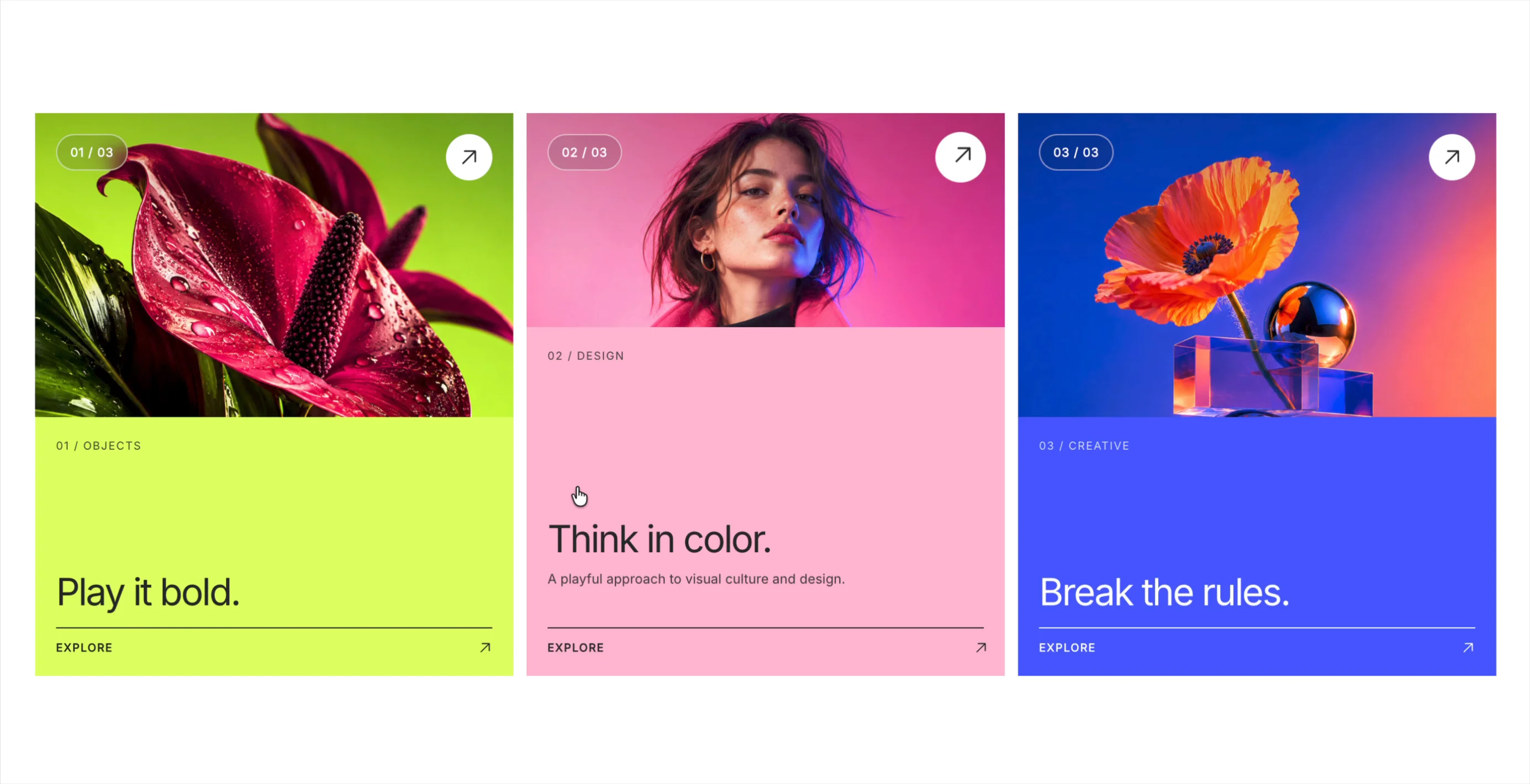 Play it bold. Think in color. Break the rules. 🌸 New card component: hover and the headline rolls to the next line. Fully clickable, every card. Live on the Framer Marketplace ⚡️