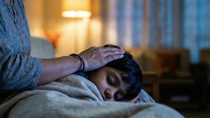 Still from the Mother's Day AI film: a mother beside her sleeping child