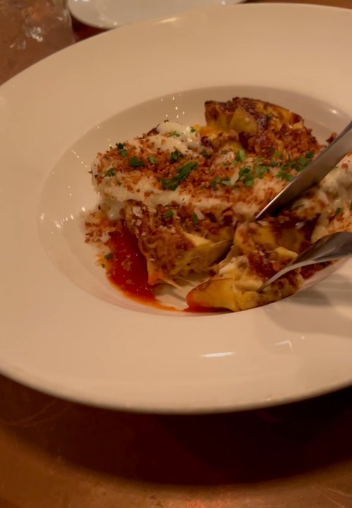 Ember - Cutting into the one of a kind, 50 layer lasagna - New American Near Me - Arroyo Grande, California
