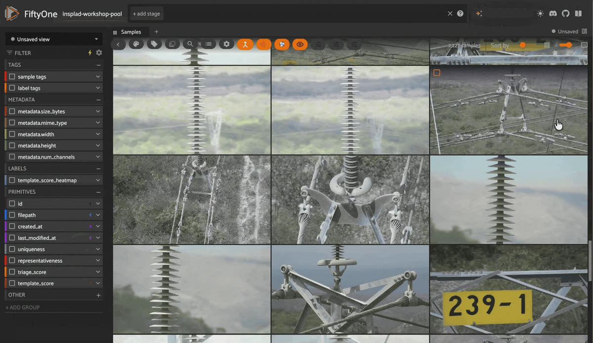 Browsing the unlabeled pool of drone power line images in the FiftyOne App grid