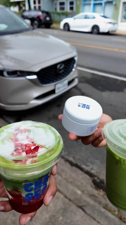 Chasen Matcha Bar - Strawberry Matcha with Cream Top, Matcha Latte with Vanilla Syrup, Matcha Tin - Tea Rooms Near Me - Dallas, Texas
