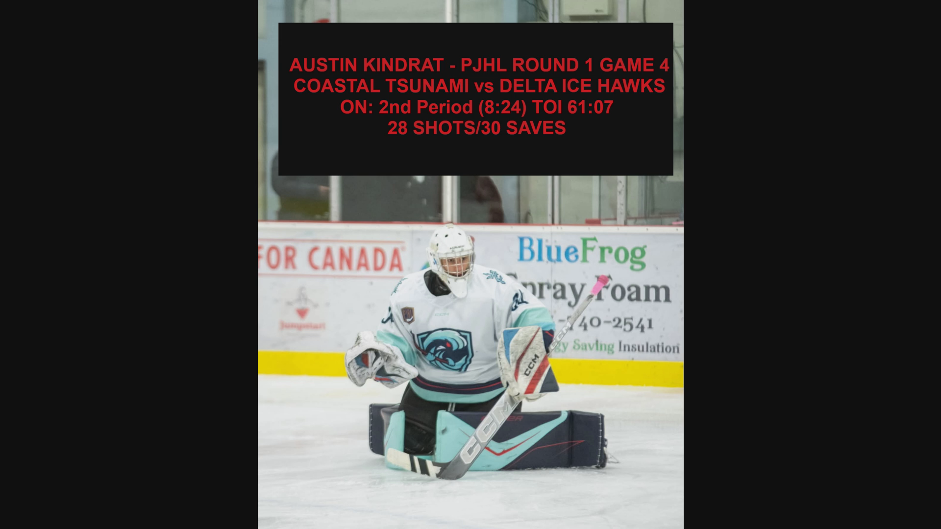 Austin Kindrat Game 4 (2nd period to 2nd OT) Performance: 28 Saves for Coastal Tsunami vs Delta Ice Hawks