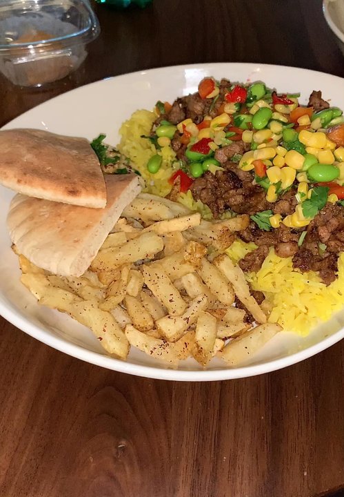 Dish N Dash - Milpitas - Lamb Swarma above rice with fries + pita and hummus - Middle Eastern Near Me - Milpitas, California