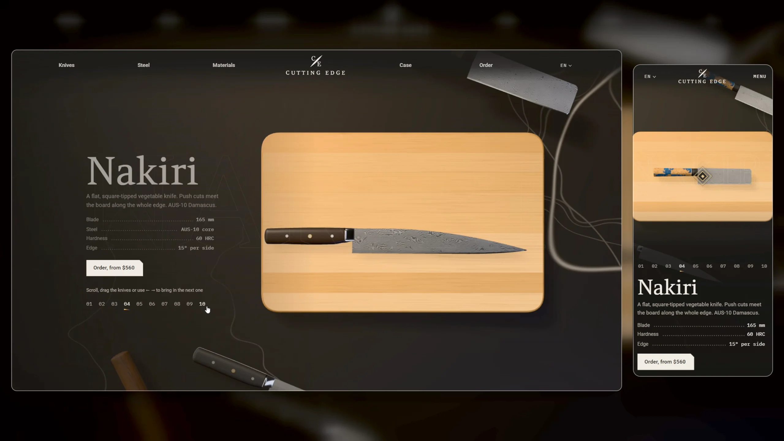 Cutting Edge is a concept project: a site for a fictional maker of made-to-order kitchen knives. The perfect set of professional knives for every purpose, crafted from high-performance steel and fully customizable from handle to blade.Scroll, drag, and inspect in 3D, each with a spec sheet and a drawing to scale. It ends with an order builder that prices your own set.