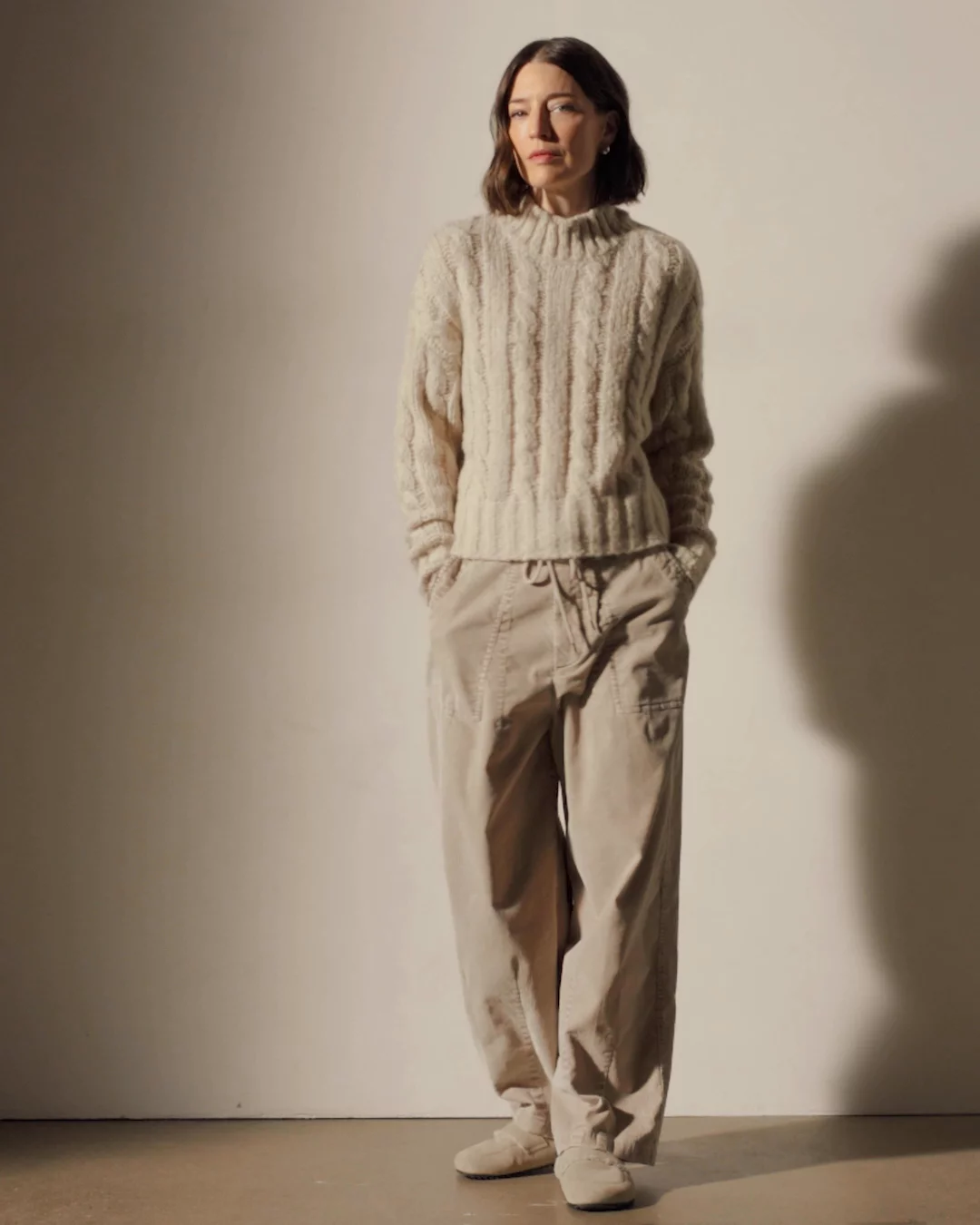Cashmere Silk Cable Knit Sweater - Biscotti | James Perse Los Angeles
