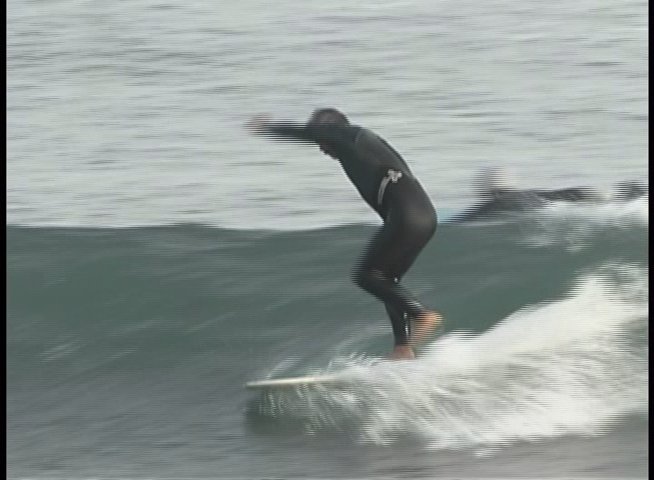 Athletes in wetsuits demonstrate surfing techniques on ocean waves. The sequences capture individuals navigating the surf with focus and balance.