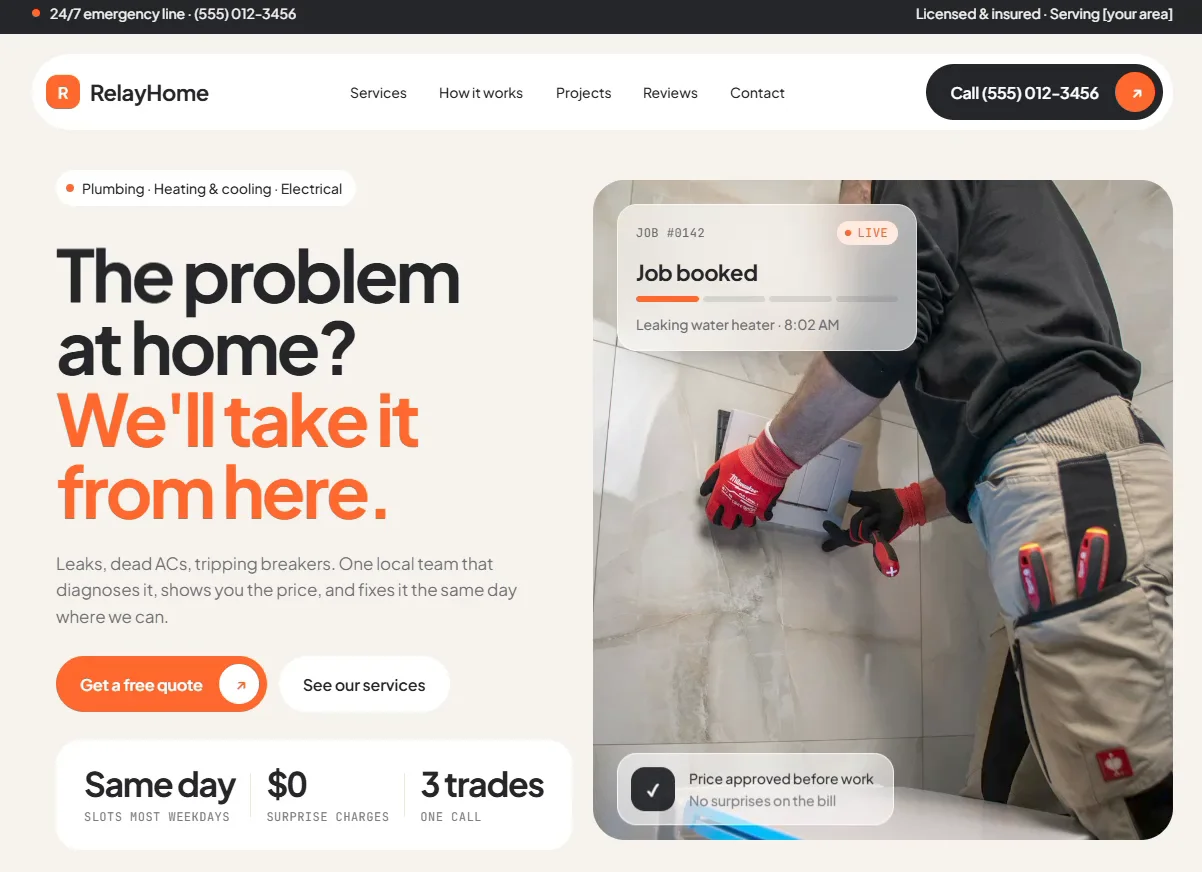 I've been working on RelayHome Trades, a Framer template designed around the customer journey, not just aesthetics.It's built for plumbing, HVAC, and electrical businesses, with a focus on what homeowners actually care about: trust, clarity, and knowing what happens next.Published it yesterday, and I'd love to hear what you think.What's working? What would you improve? I'm open to honest feedback. Check it out Here :  Relayhome Trades