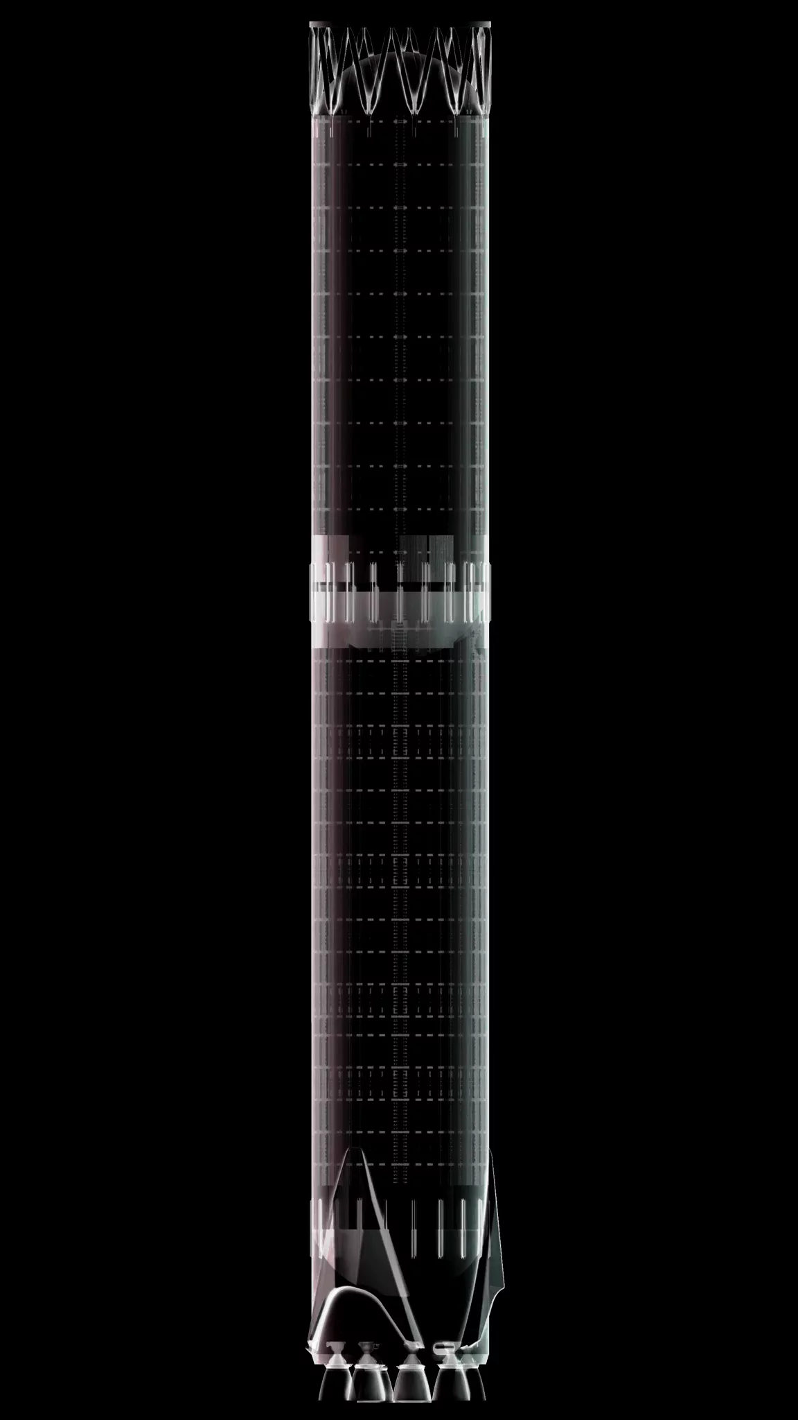 Ghosted grey rendering of the Nova Block 2 first stage against black: a tall booster in two tank sections divided by a bright band, with landing legs and a cluster of engine bells at the base.