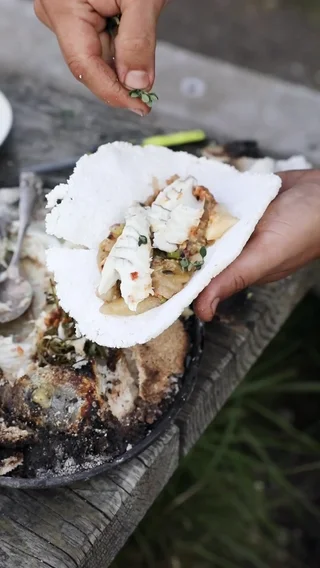 Salt Baked Fish with Eggplant & Cassava Flat Breads