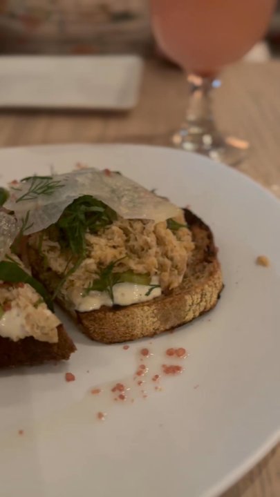Answer - crab. avocado, lime, herbs, radish, pickled shallot, spent grain toast - Tapas/Small Plates Near Me - Nashville, Tennessee