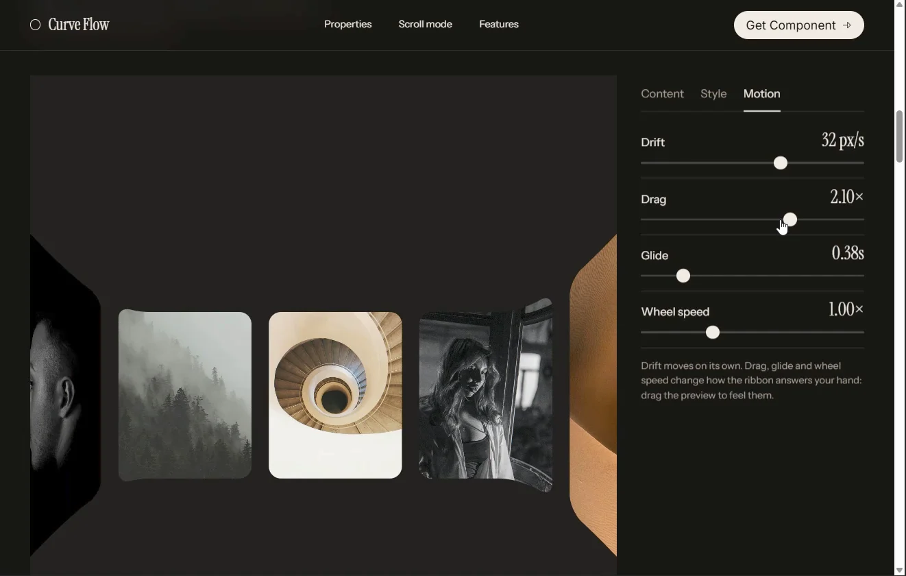 Curve Flow — 3D Carousel for Framer An interactive 3D carousel that transforms traditional image galleries into immersive visual experiences.✨ Curved 3D layouts with smooth, natural motion 🎯 Drag, scroll, keyboard and autoplay interactions 🖼️ Image and video support ⚡ Framer CMS integration 📱 Responsive and customizablePerfect for architecture portfolios, creative agencies, photography and premium websites looking to stand out.Dropping this component today for free