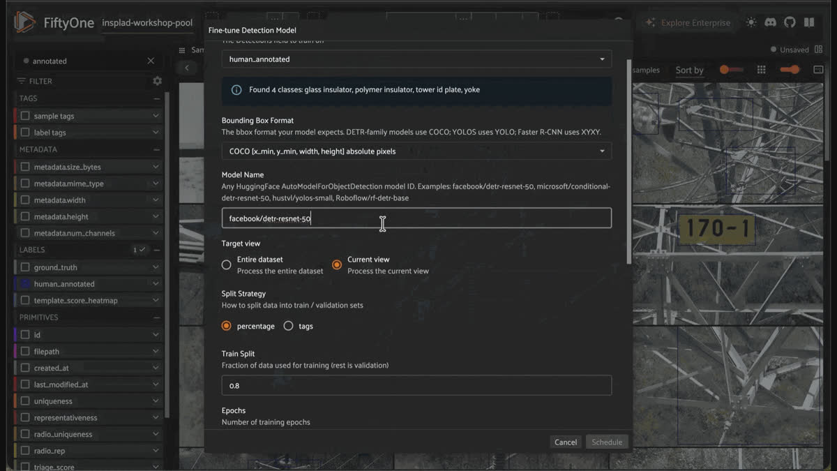 Launching RF-DETR fine-tuning from the hf_fine_tuner_plugin operator in the FiftyOne App action menu