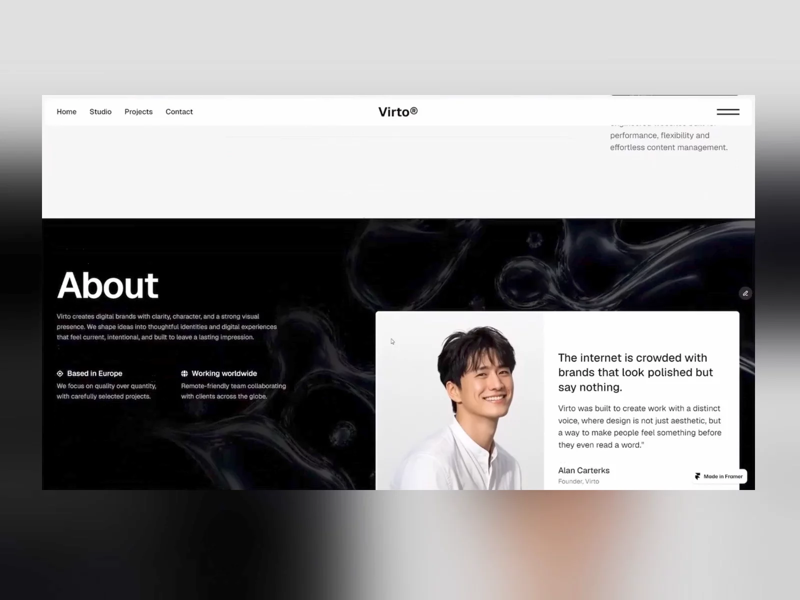 Virto — A digital experience built to showcase your projects and tell your story.Remix link - https://framer.link/3g9HNQO
