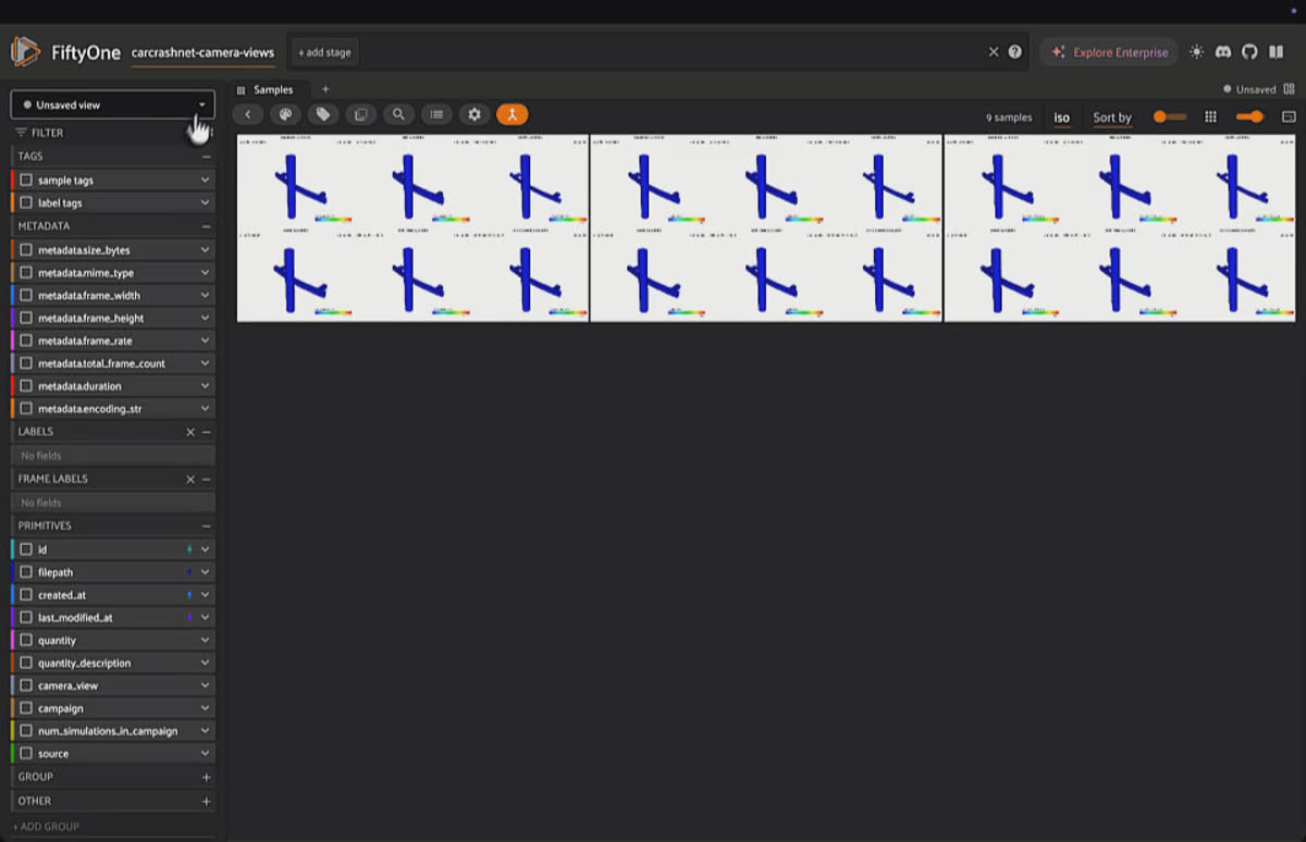 Reloading a saved view in FiftyOne to reapply CarCrashNet crash simulation filters in one click.
